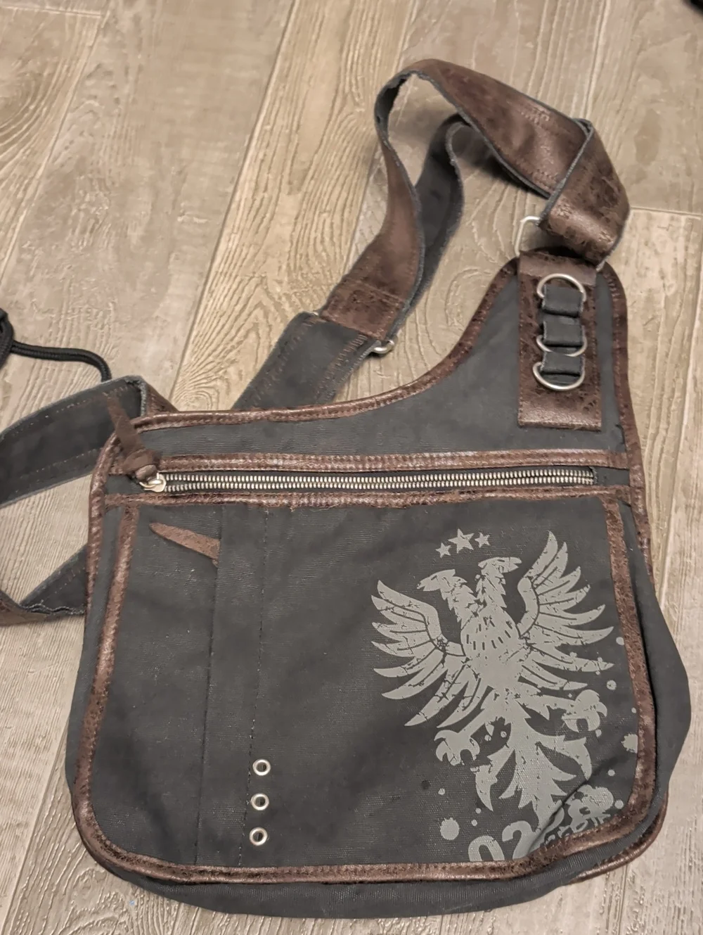 Brown and Black Men's Canvas Crossbody Bag with Eagle Print